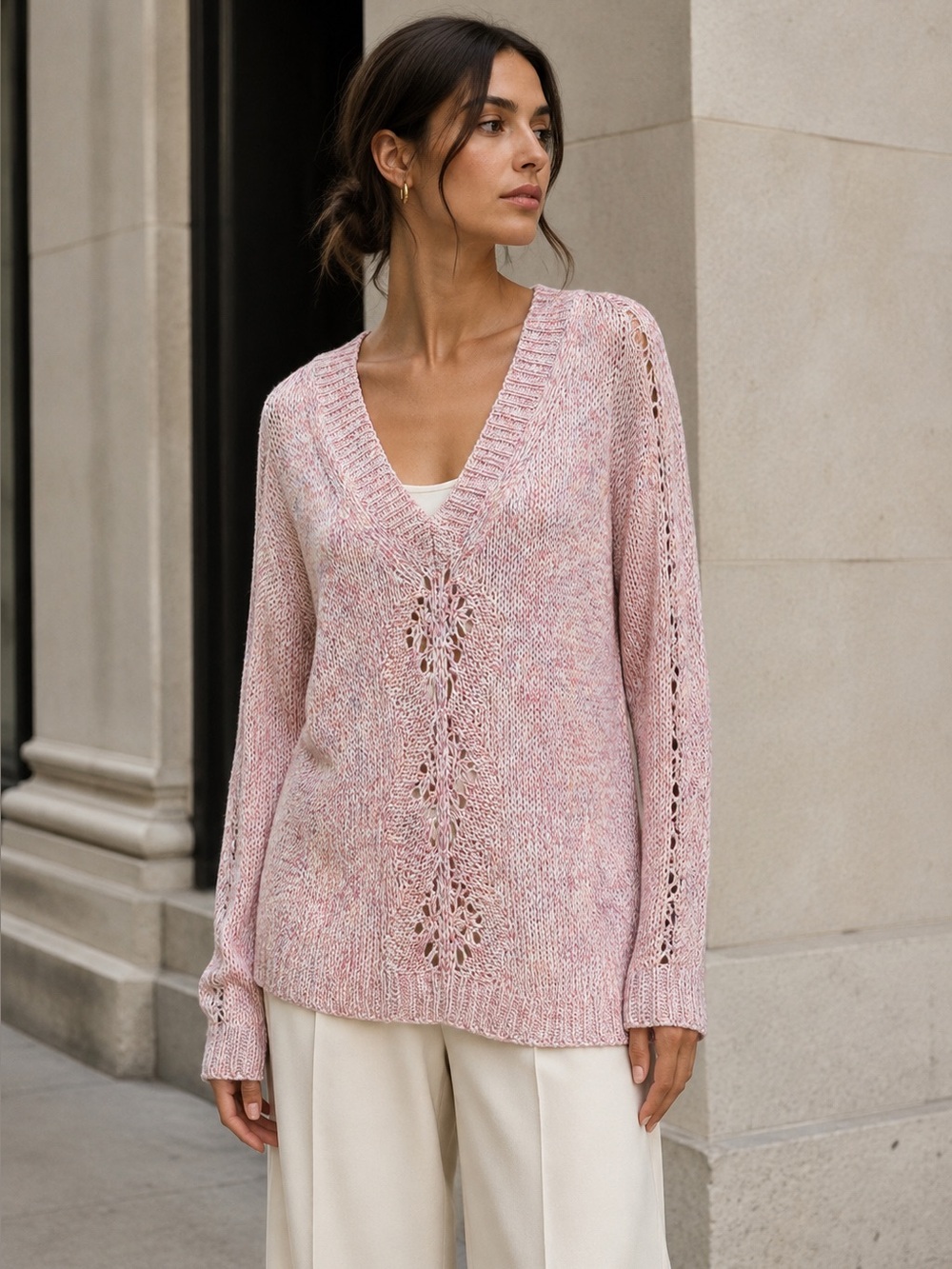 THEORY Marled Pink Quiet Luxury Cabled Open Knit "Rainbow Tape" Style Sweater, M